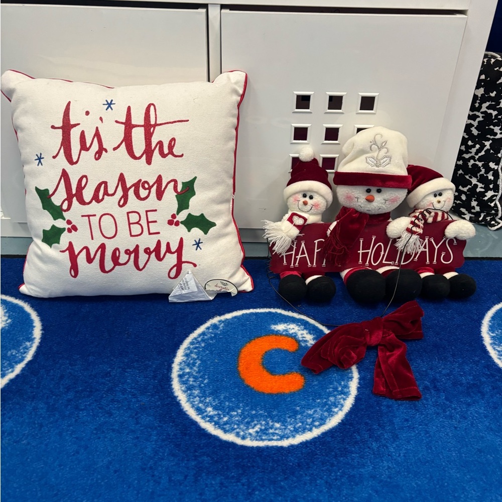Festive Holiday Pillow and Snowman Decor Set for Home or Classroom